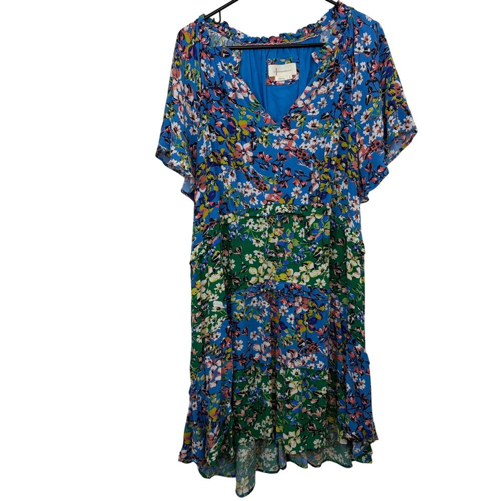 Anthropologie Robin Dress Womens XL Blue Floral Tiered Ruffle Flutter Boho